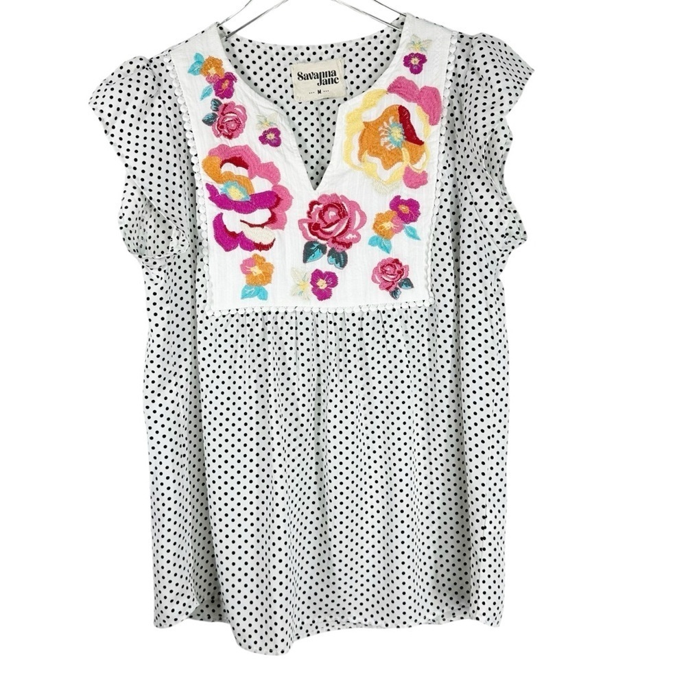 SAVANNA JANE Short Sleeve Floral Embroidered Bohemian Blouse Size Medium